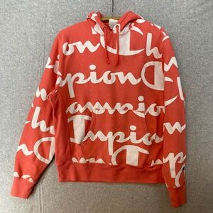 Champion Large Pink Reverse Weave Logo All over Print Pullover Hoodie Front Pckt